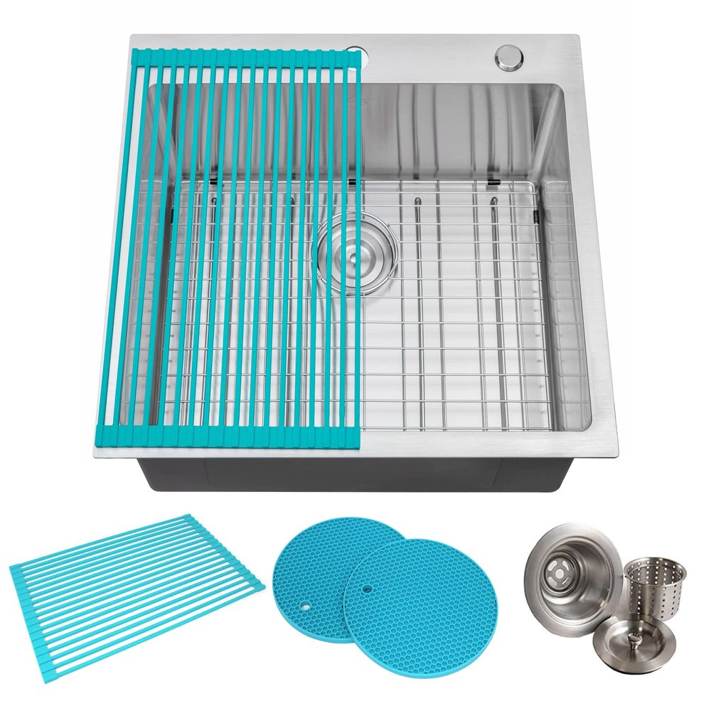 CozyBlock 25 Inches 16-Gauge Stainless Steel Topmount Drop-in Single Bowl Kitchen Sink in Brushed Stainless Steel Finish with Bottom Grid Set, Silicon Dishrack, Pot Mat, and Strainer