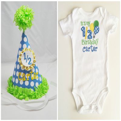 Baby Boy 1/2 Birthday Party Hat and Bodysuit Set- Personalized Half Birthday