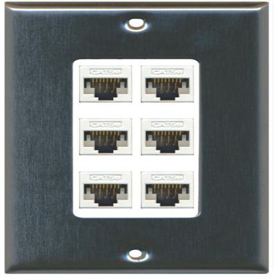 RiteAV Decorative 1 Gang 6 Port Cat5e Ethernet Wall Plate - Stainless/White