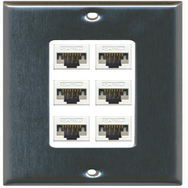 RiteAV Decorative 1 Gang 6 Port Cat5e Ethernet Wall Plate - Stainless/White