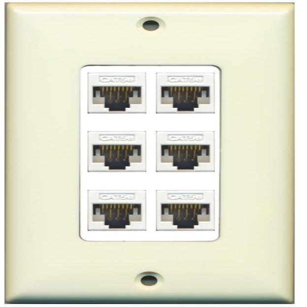 RiteAV Decorative 1 Gang 6 Port Cat5e Ethernet Wall Plate - Light Almond/White