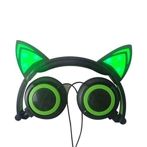 Folding Earphone Cute LED Light Cartoon Cat Earphone for Gaming Cat Headphone for PC Computer Mobile Phone MP3 Mobile Phone Music Headphones (Green)