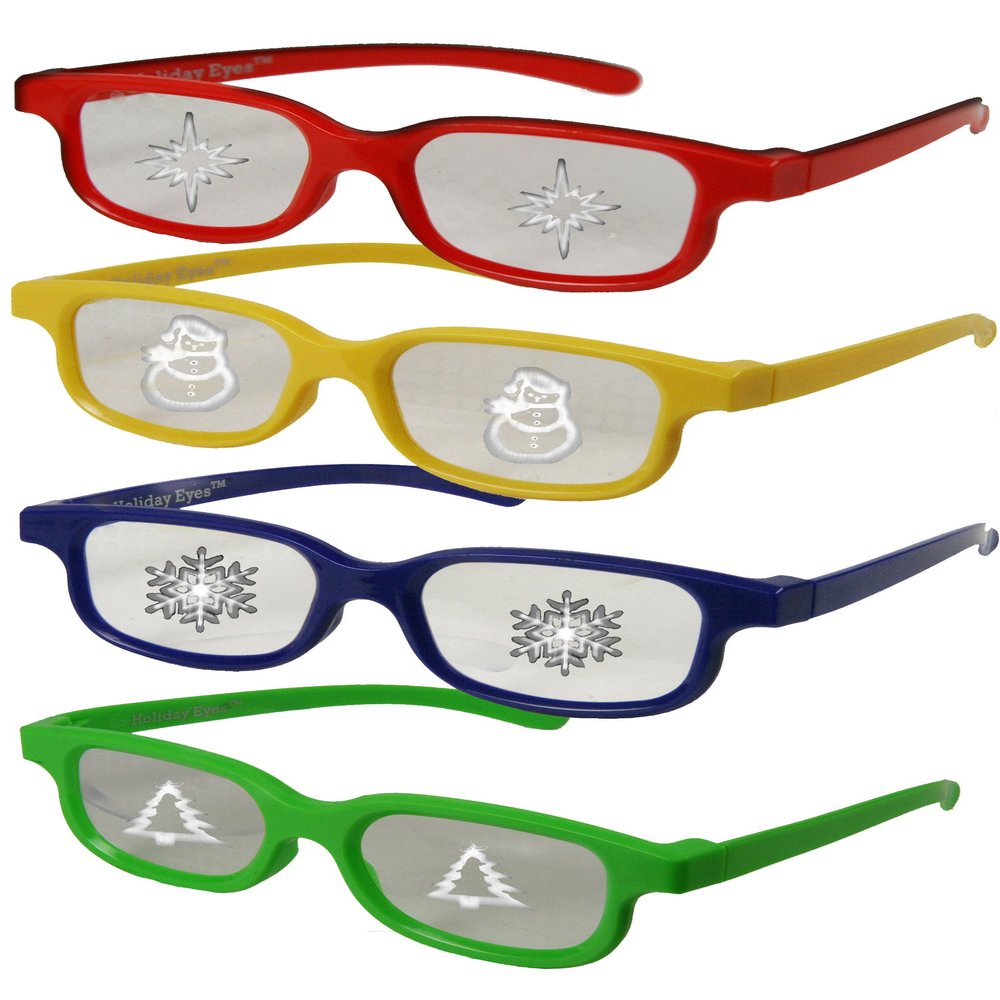 Holiday-Eyes(tm) Plastic Christmas Glasses for Lights - 4 Pairs ADULT Size See SNOWFLAKES, CHRISTMAS TREE, CHRISTMAS STAR & SNOWMAN