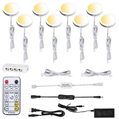 AIBOO LED Under Cabinet Puck Lights CCT Light Color Temperature Adjustable Warm+White Double Color with Dimmable RF Remote Controller for Kitchen Shelf Ambiance Display Lighting (8 Lights, 24W)