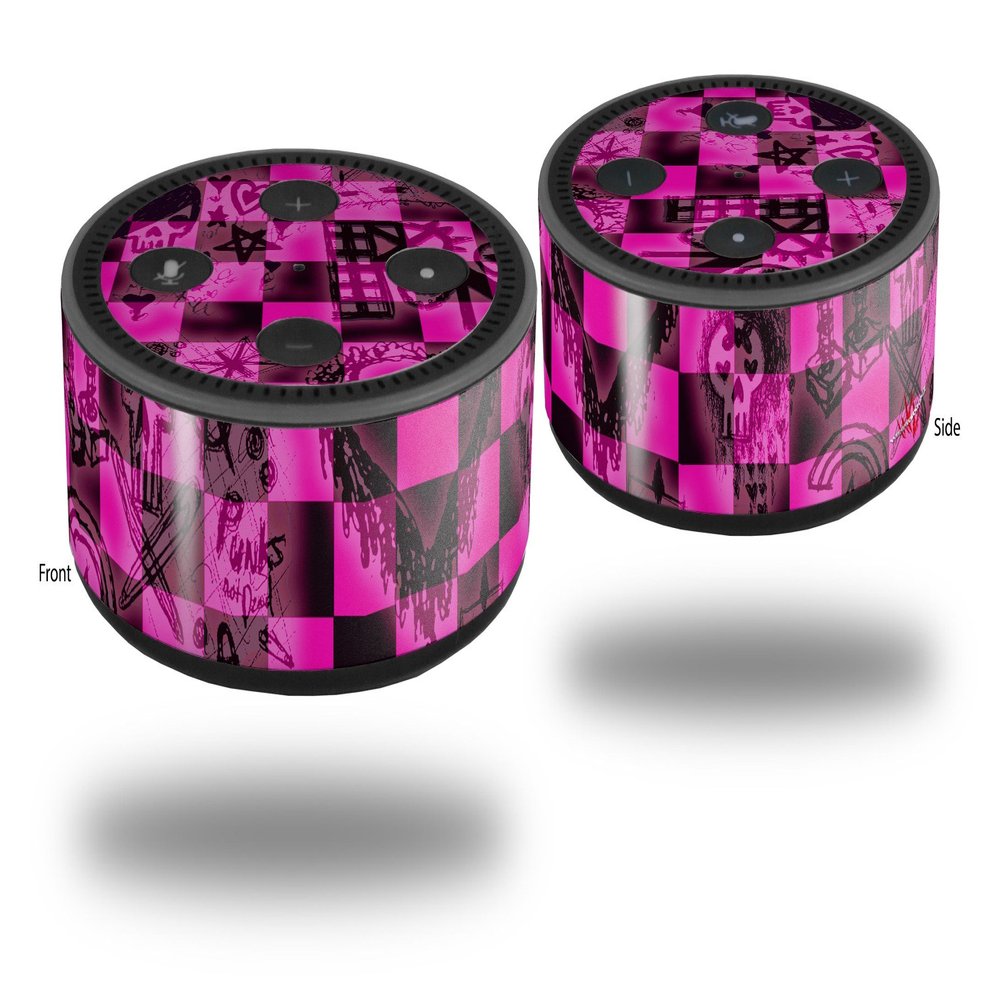 Skin Wrap Decal Set 2 Pack for Amazon Echo Dot 2 - Pink Checkerboard Sketches (2nd Generation ONLY - Echo NOT Included)