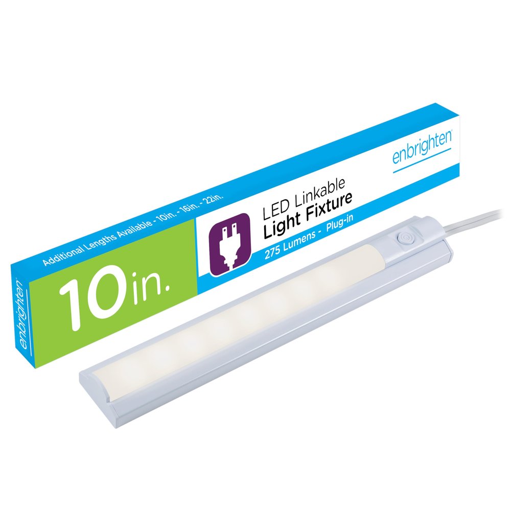 Enbrighten 10 Inch LED Premium Under Cabinet Light Fixture, Plug-In, Bright White 3000K, 275 Lumens, Plastic Housing, On/Off Switch, Perfect for Kitchen, Home Office, Garage, Workbench & more, 26534
