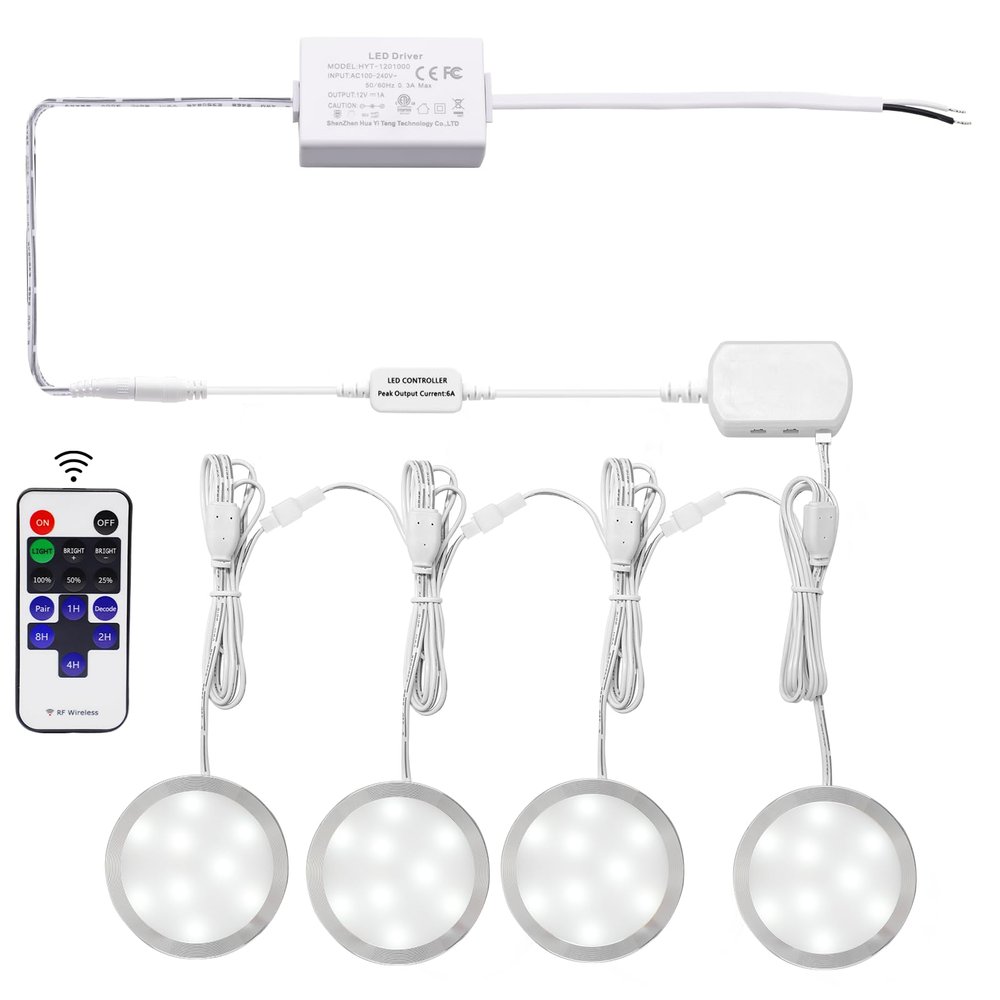 AIBOO Linkable LED Under Cabinet Lights Hardwired 12V Slim Aluminum Dimmable Puck Lights with Remote Control for Cupboard Lighting (4 Lights, Daylight White, NO Wall Plug)