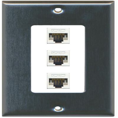 RiteAV Decorative 1 Gang 3 Port Cat5e Ethernet Wall Plate - Stainless/White