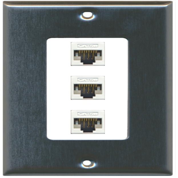 RiteAV Decorative 1 Gang 3 Port Cat5e Ethernet Wall Plate - Stainless/White