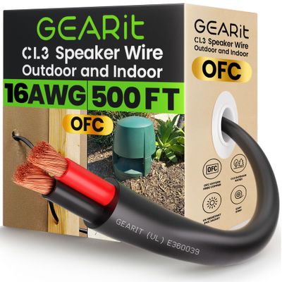 GEARit Outdoor Speaker Wire CL3 Rated, 16 Gauge Speaker Wire, Speaker Cable 500 ft for Outdoor Speakers, Patio, Garden, Backyard Audio, Direct Burial in Ground/in Wall, OFC (Black, 2-Conductors)