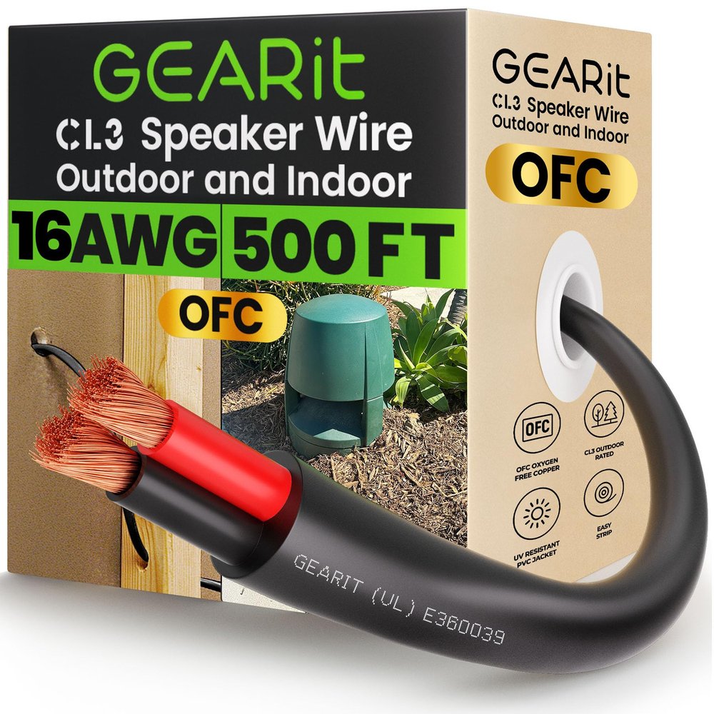 GEARit Outdoor Speaker Wire CL3 Rated, 16 Gauge Speaker Wire, Speaker Cable 500 ft for Outdoor Speakers, Patio, Garden, Backyard Audio, Direct Burial in Ground/in Wall, OFC (Black, 2-Conductors)