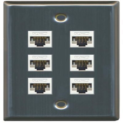 RiteAV 1 Gang 6 Port Cat5e Ethernet Wall Plate - Stainless Steel