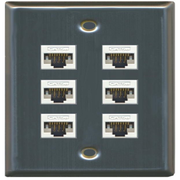 RiteAV 1 Gang 6 Port Cat5e Ethernet Wall Plate - Stainless Steel