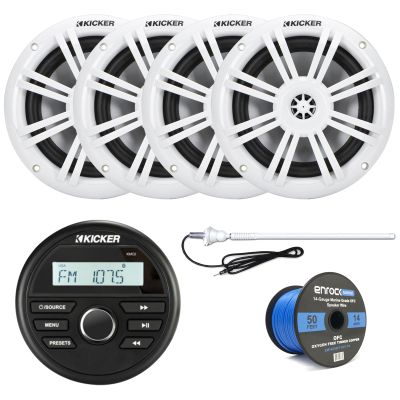 Kicker KMC2 Marine Boat Yacht Gauge Style AM/FM Stereo Receiver Bundle Combo with 4X 6.5 Inch 300-Watt White Coaxial Audio Speakers + Enrock 45" Radio Antenna + 50 Feet 14g Speaker Wire
