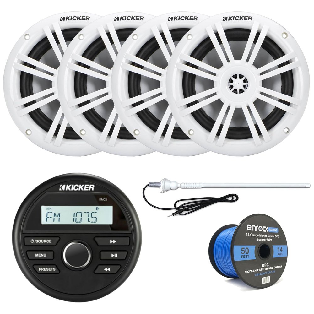 Kicker KMC2 Marine Boat Yacht Gauge Style AM/FM Stereo Receiver Bundle Combo with 4X 6.5 Inch 300-Watt White Coaxial Audio Speakers + Enrock 45" Radio Antenna + 50 Feet 14g Speaker Wire