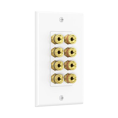 Cable Matters Speaker Wire Wall Plate, Gold Plated Speaker Wall Plate with Banana Plug Binding Post for 4 Speakers, White