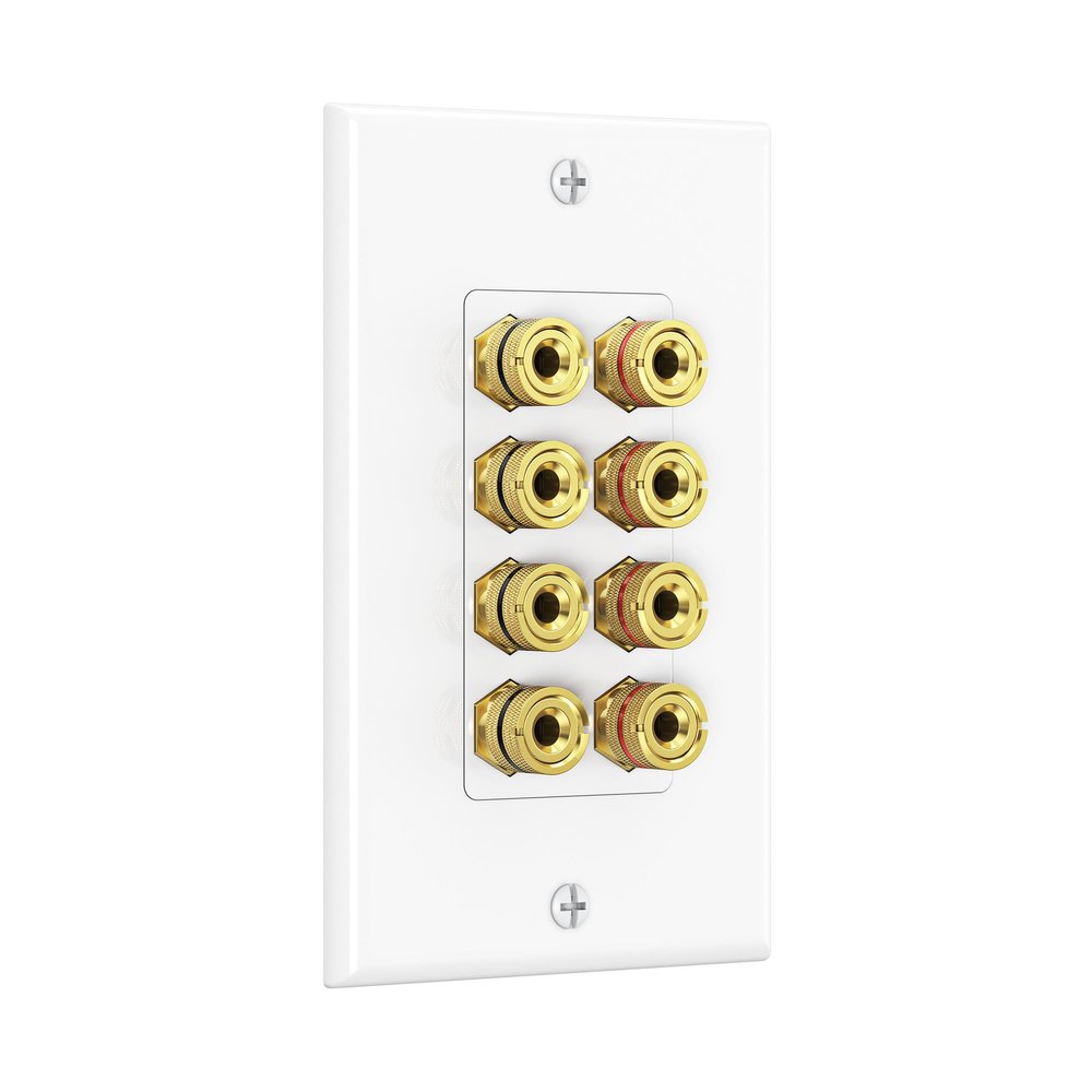 Cable Matters Speaker Wire Wall Plate, Gold Plated Speaker Wall Plate with Banana Plug Binding Post for 4 Speakers, White