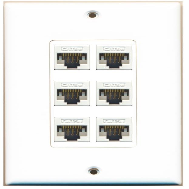 RiteAV 1 Gang 6 Port Cat5e Wall Plate Oversized White