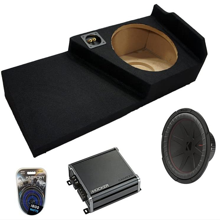 American Sound Connection 48CWR124 Compatible with GMC Sierra Double Cab 2014-2018 12" CompR CWR12 500W RMS 4 Ohm Subwoofer, 46CXA8001 1600W Sub Amp and GM1X12-DCAB14UP Sub Box Enclosure,
