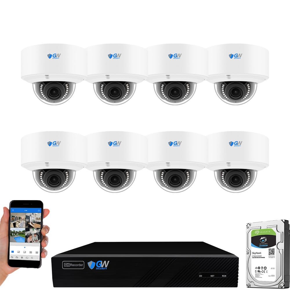 GW Security 8 Channel 8-Megapixel 4K (3840x2160) NVR with (8) UltraHD 4K 8MP 2.8~12mm Varifocal Zoom H.265+ Outdoor/Indoor Waterproof Microphone Audio&Video PoE IP Smart AI Dome Cameras