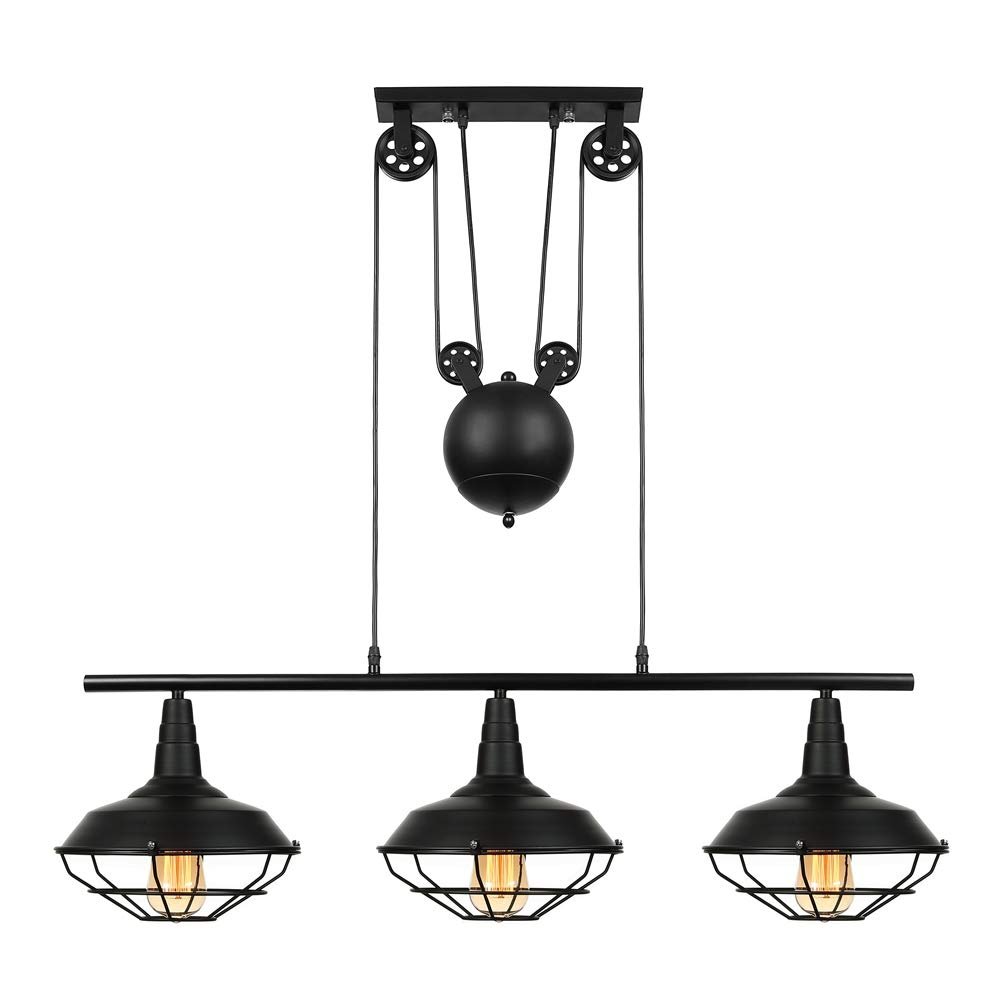 Industrial Vintage Retro Linear Chandelier - LITFAD 35" Wide Edison Metal Hanging Ceiling Light Pendant Light Billiard/Pool Table Island Light Fixture Black Finish with 3 Lights