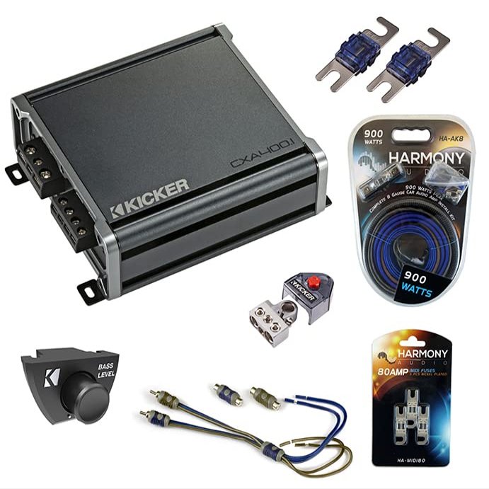 KICKER 46CXA4001 Universal Car Audio Class D Mono 800W Peak Sub Amp, 46CXARC Car CXA CX PXA Amp Bass Remote Control Knob and HA-AK8 Car Stereo Complete 8 Gauge 900W Amp Install Kit