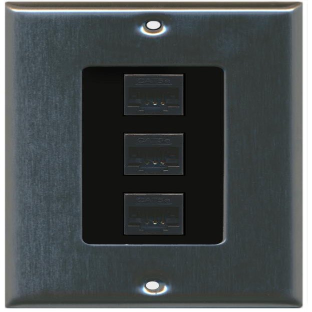 RiteAV Decorative 1 Gang 3 Port Cat5e Ethernet Wall Plate - Stainless/Black