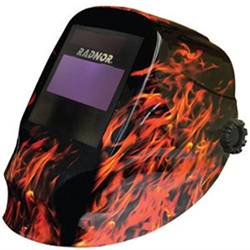 Radnor 64005206 RD48 Black and Red Welding Helmet With 5 1/4'' X 4 1/2'' Variable Shade 9-13 Auto Darkening Lens and Blaze II Graphics