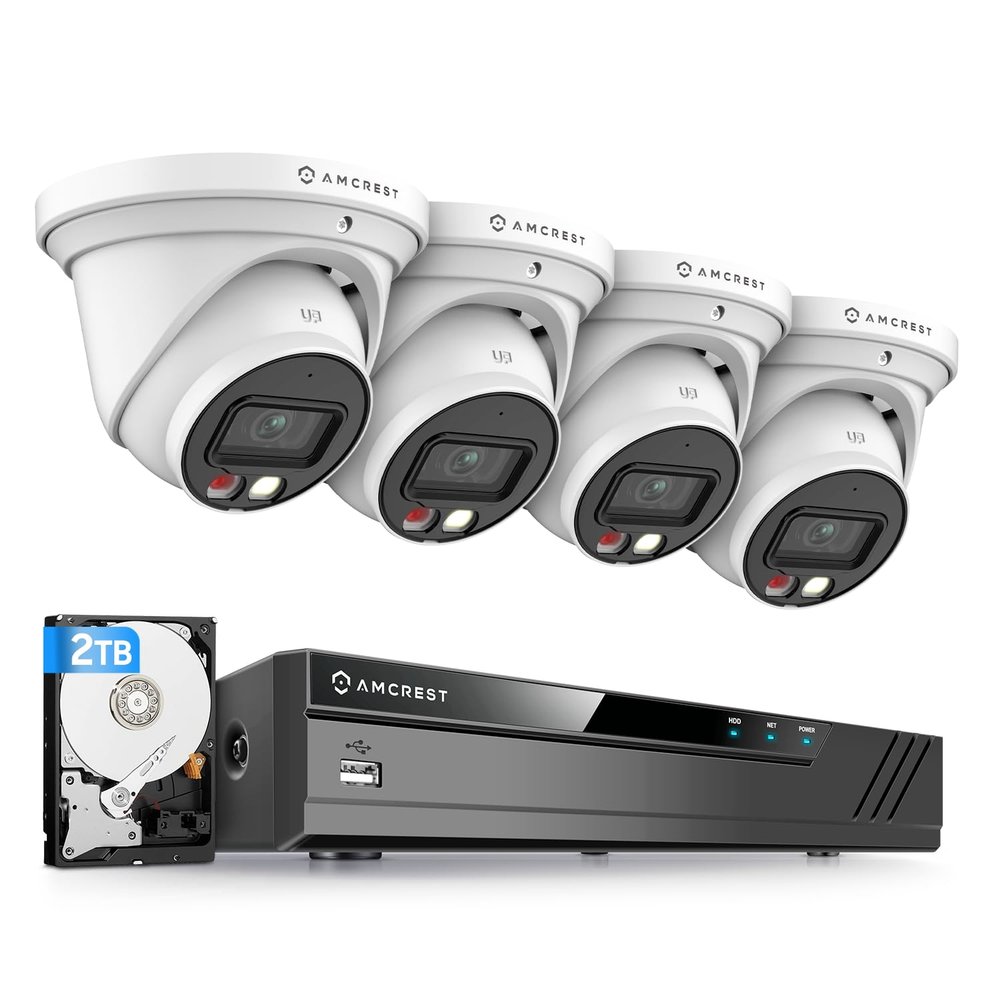 Amcrest 4K Security Camera System, 4K 8CH PoE NVR, (4) x 8-Megapixel Night Color Turret POE IP Cameras (IP8M-2779EW-AI), Active Deterrent, Pre-Installed 2TB Hard Drive, NV4108E-2779EW4-2TB (White)