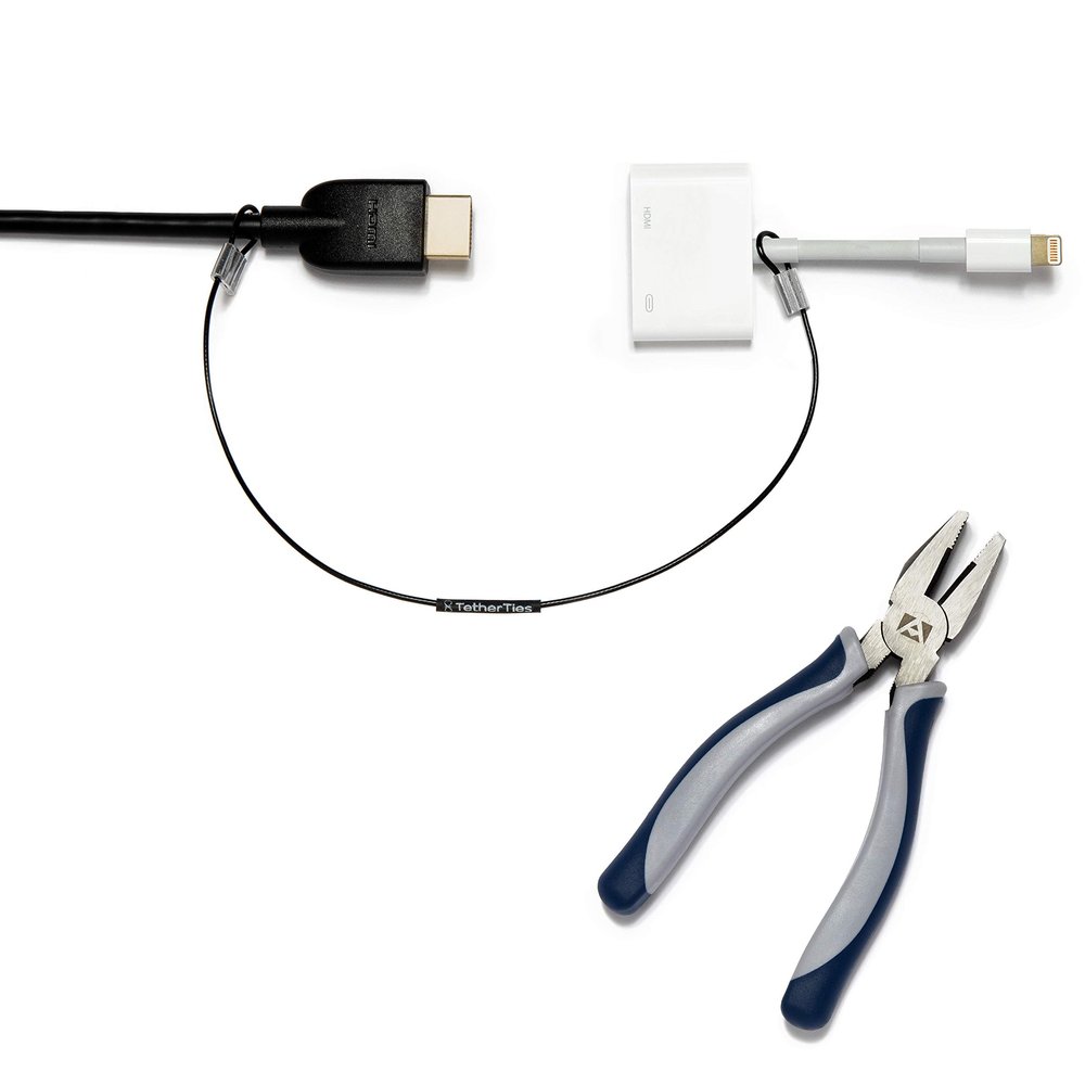 TetherTies Patented Pre-Assembled Adapter Ties - Anti-Theft Cable Locks for Tools, Dongles, Tethers, Computer adapters. Steel Cable, Security Lock, Easy Installation with Free Crimping Tool