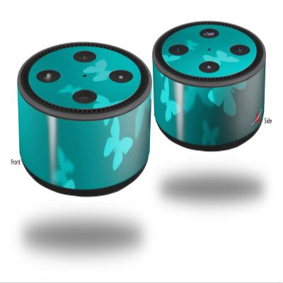 Skin Wrap Decal Set 2 Pack for Amazon Echo Dot 2 - Bokeh Butterflies Neon Teal (2nd Generation ONLY - Echo NOT Included)