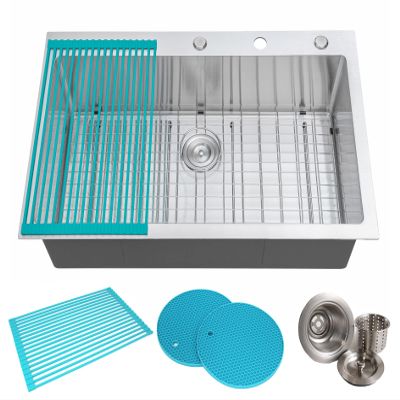 CozyBlock 36 Inches 16-Gauge Stainless Steel Topmount Drop-in Single Bowl Kitchen Sink in Brushed Stainless Steel Finish with Bottom Grid Set, Silicon Dishrack, Pot Mat, and Strainer