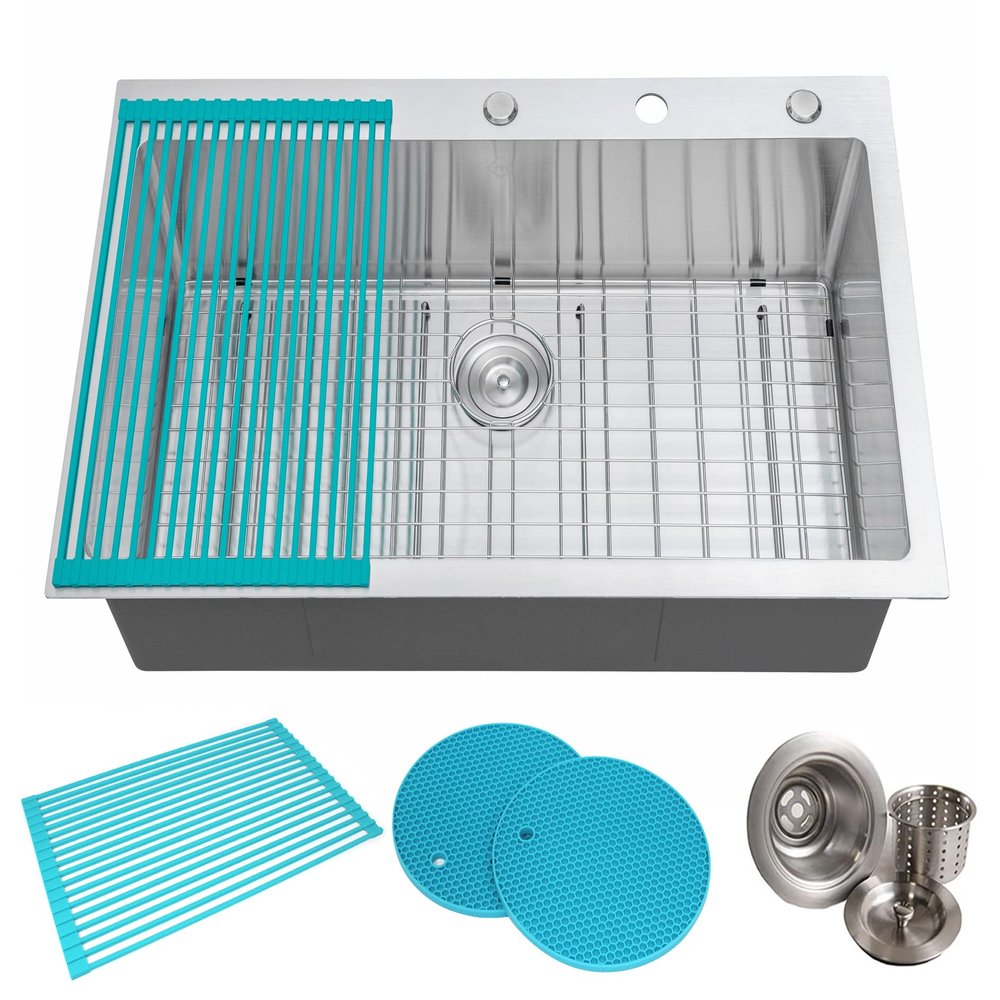 CozyBlock 36 Inches 16-Gauge Stainless Steel Topmount Drop-in Single Bowl Kitchen Sink in Brushed Stainless Steel Finish with Bottom Grid Set, Silicon Dishrack, Pot Mat, and Strainer
