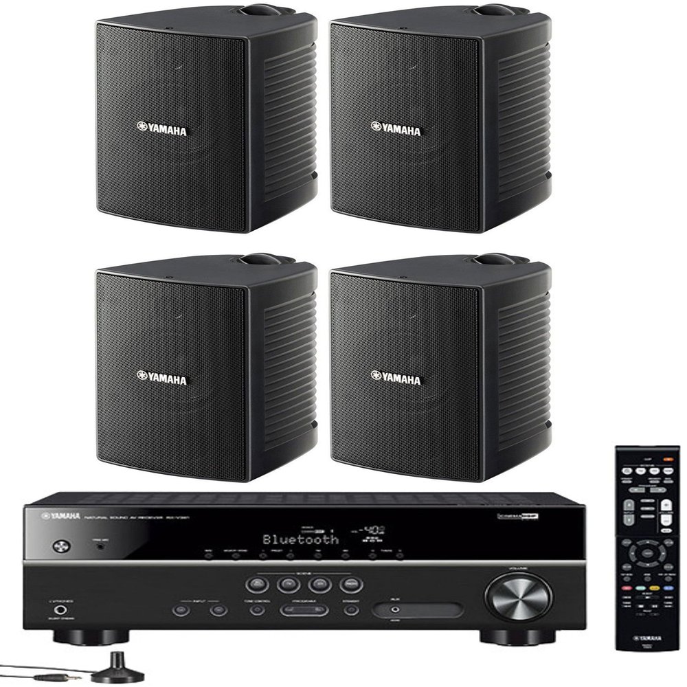Yamaha 5.1-Channel Wireless Bluetooth 4K A/V Home Theater Receiver + Yamaha Natural Sound High Performance 2-Way Indoor/Outdoor Weatherproof Speakers (Set of 4)