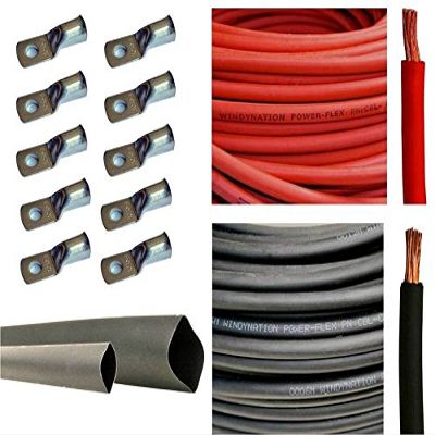 1/0 Gauge 1/0 AWG 5 Feet Red + 5 Feet Black Welding Battery Pure Copper Flexible Cable + 5pcs 5/16" + 5pcs 3/8" Tinned Copper Cable Lug Terminal Connectors + 3 Feet Black Heat Shrink Tubing