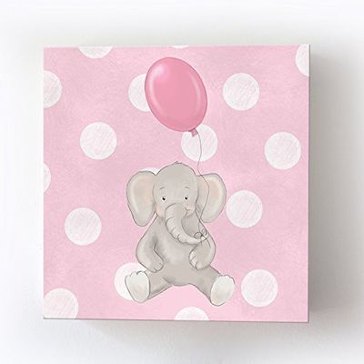 Whimsical Elephant Balloon Party Theme - Polka Dot Stretched Canvas Nursery Decor - Wall Art that Makes a Memorable Baby Gift Idea - Wooden Frame Construction - Ready to Hang 16X16
