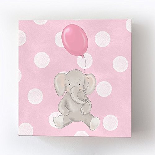 Whimsical Elephant Balloon Party Theme - Polka Dot Stretched Canvas Nursery Decor - Wall Art that Makes a Memorable Baby Gift Idea - Wooden Frame Construction - Ready to Hang 16X16