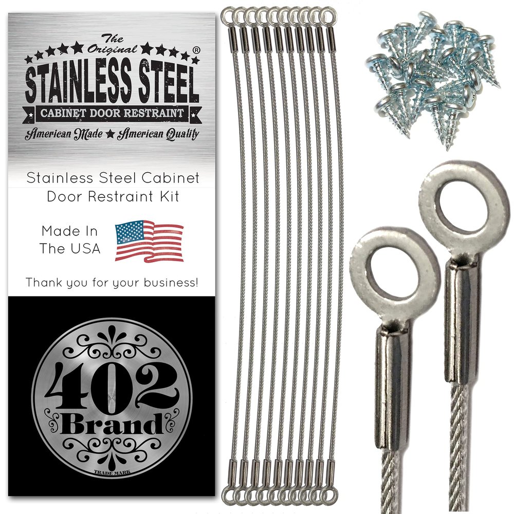 402 Brand Stainless Steel Cabinet Door Restraint Kit. Made in USA. Flexible Braided Cable. Cupboard Hinge Limiter. Restrict Cabinet Door Swing. Limit Door Opening Angle. (10 Pack)