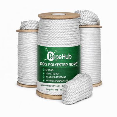 Twisted Polyester Rope - Low Stretch, Weather-Resistant Utility Rope for Marine, Outdoor, Tarp Tie-Downs, Dock Lines, Truck & Trailer Use - White, Multiple Diameters and Lengths