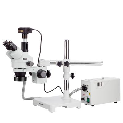 AmScope 3.5X-45X Boom Stand Trinocular Zoom Stereo Microscope with Fiber Optic Ring Illuminator and 5MP Camera