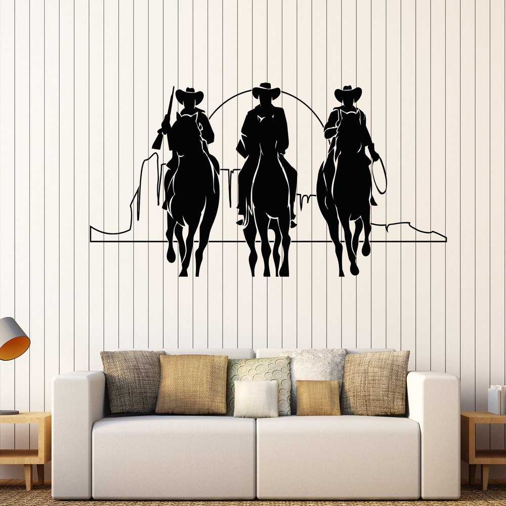 DesignToRefine Vinyl Wall Decal Western Cowboys Horses Sunset Movie Cinema Stickers Large Decor (901ig) Black