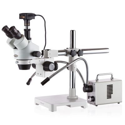 AmScope 3.5X-90X Boom Stand Trinocular Zoom Stereo Microscope with Fiber-Optic LED Illuminator + 10MP USB3.0 Camera