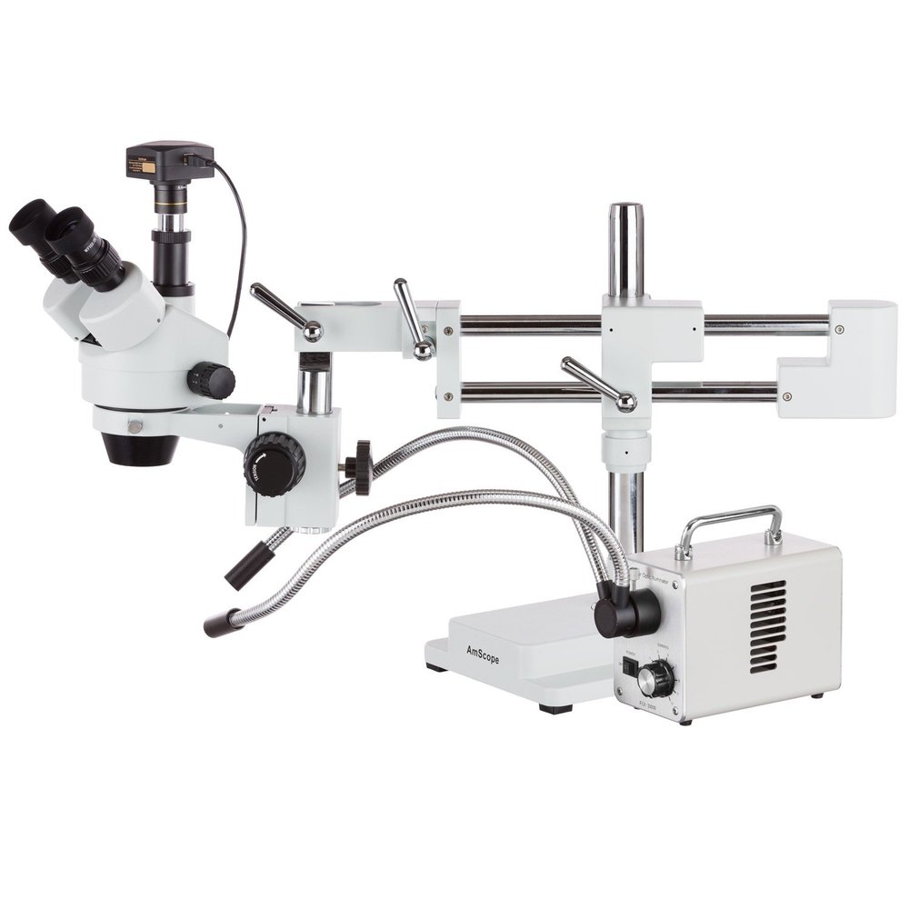 AmScope 3.5X-180X Zoom Stereo Trinocular Microscope on Dual-Arm Boom Stand with Dual-Fiber-Optic LED Illuminator + 5MP USB2.0 Camera