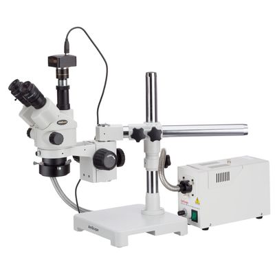 AmScope 3.5X-90X Simul-Focal Stereo Lockable Zoom Microscope with Fiber Optic Ring Illuminator and 10MP Camera