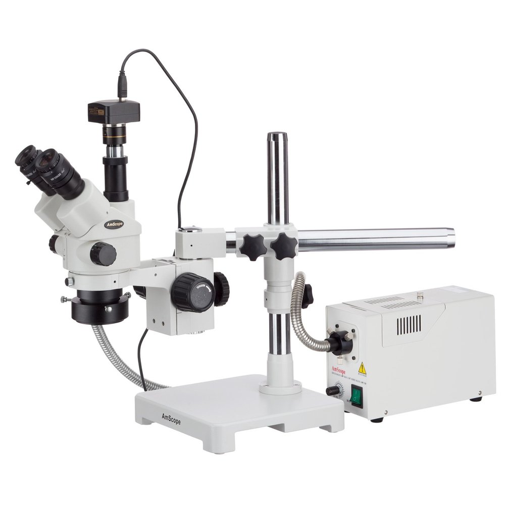 AmScope 3.5X-90X Simul-Focal Stereo Lockable Zoom Microscope with Fiber Optic Ring Illuminator and 10MP Camera