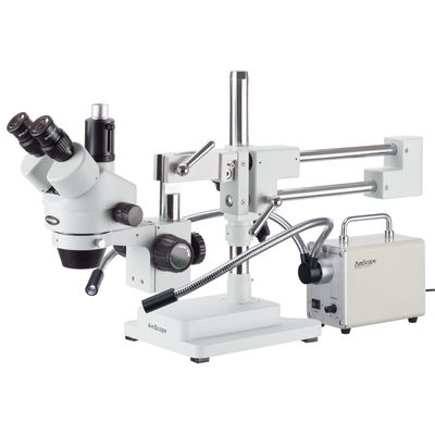 AmScope 7X-90X Simul-Focal Trinocular Boom Stereo Microscope with Dual-Arm LED Fiber Optic Light