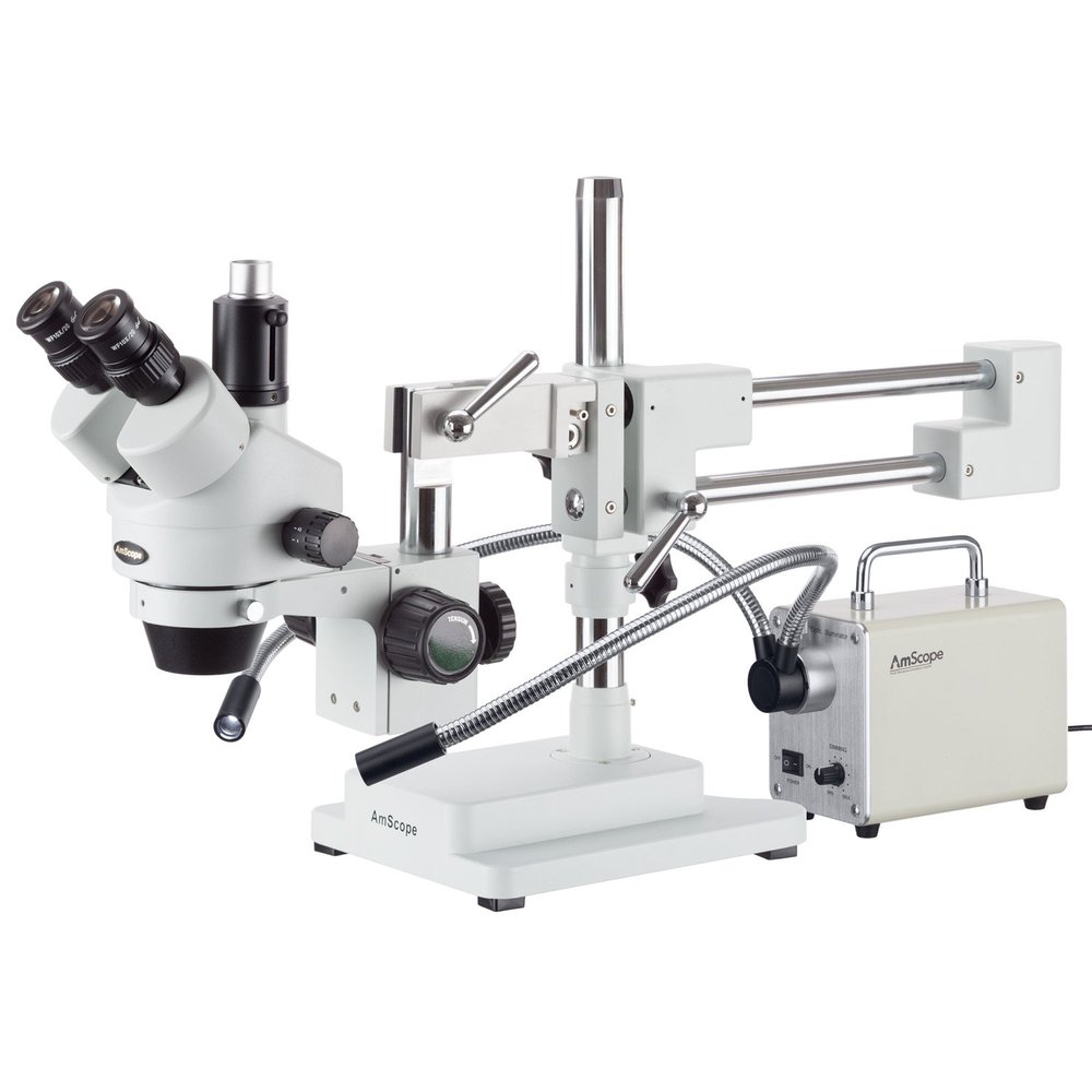 AmScope 7X-90X Simul-Focal Trinocular Boom Stereo Microscope with Dual-Arm LED Fiber Optic Light