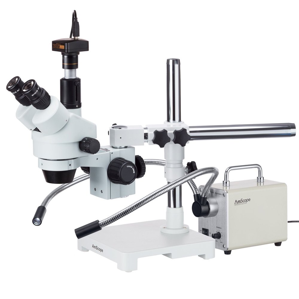 AmScope 7X-90X Trinocular Zoom Stereo Microscope on Boom Stand with a LED Fiber Optic Light and 10MP Camera