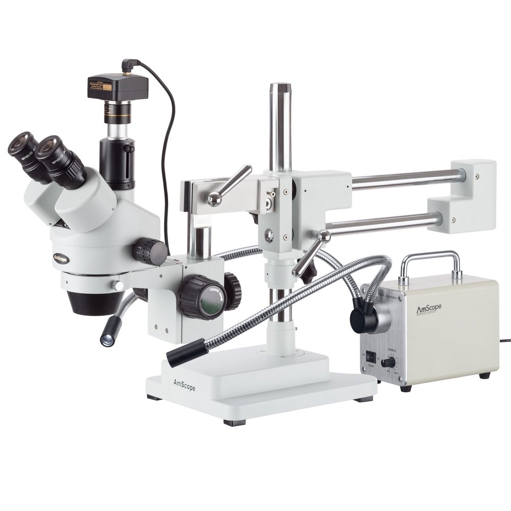 AmScope 7X-45X Simul-Focal Trinocular Boom Stereo Microscope with LED Fiber Optic Light and 10MP Camera
