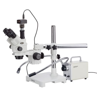 AmScope 3.5X-90X Simul-Focal Stereo Lockable Zoom Microscope with Dual-Arm LED Fiber Optic Light and 10MP Camera